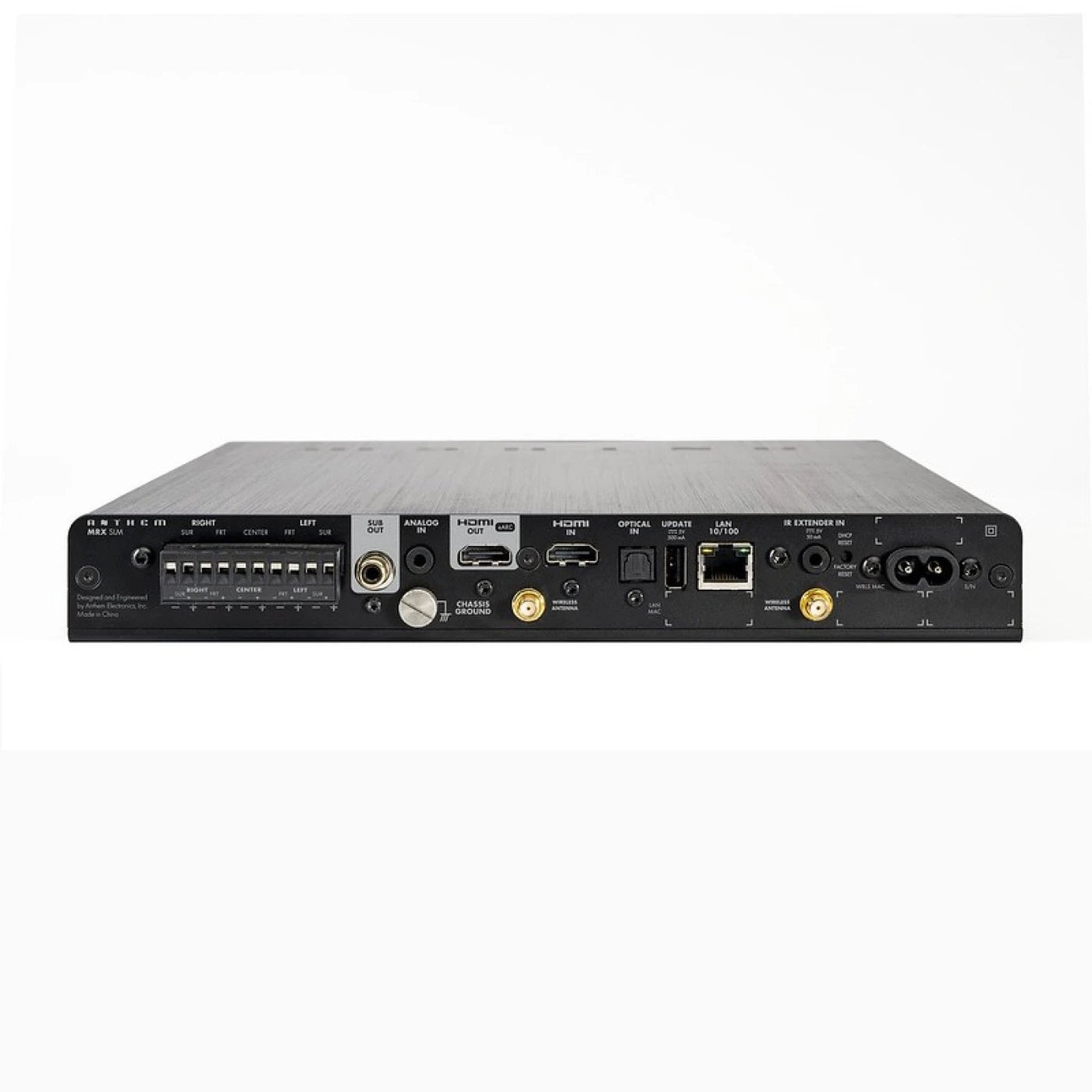Anthem MRX-SLM AV-Receiver Rückansicht mit HDMI-Ein- und Ausgang, Lautsprecherklemmen und Netzwerkbuchse