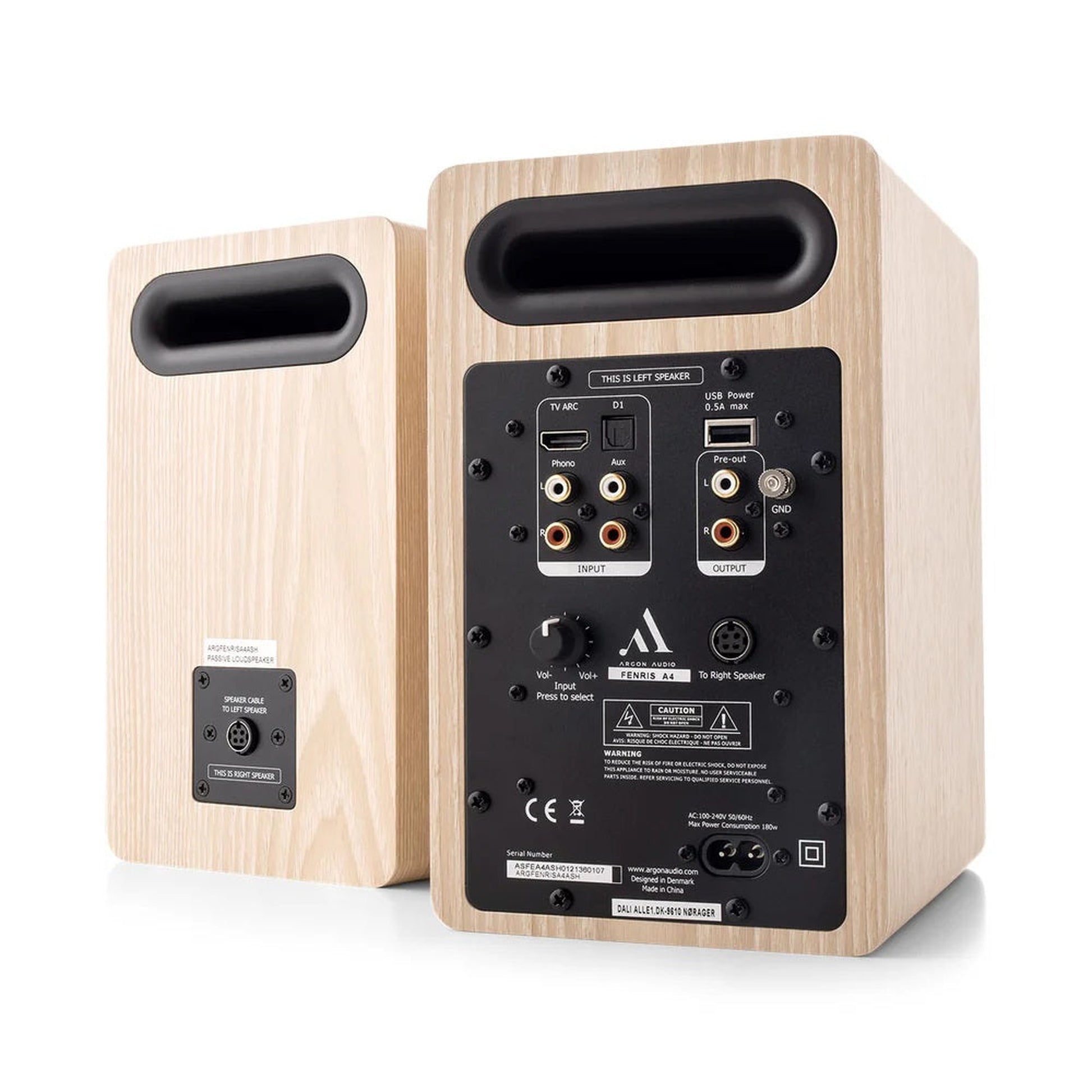 Argon Audio Fenris A4 Aktivlautsprecher Esche Rückansicht mit Anschlussfeld HDMI ARC und Phono