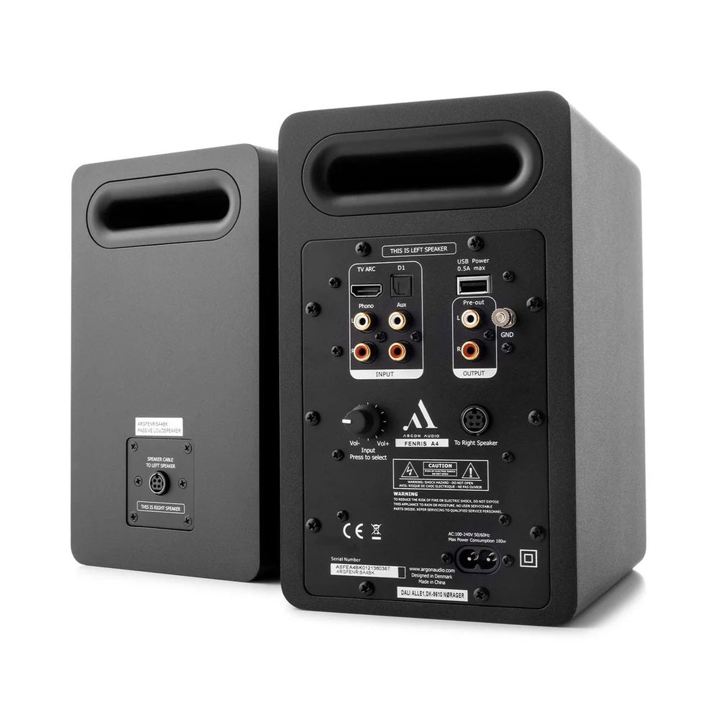 Argon Audio Fenris A4 Aktivlautsprecher schwarz Rückansicht mit Anschlussfeld HDMI ARC und Phono