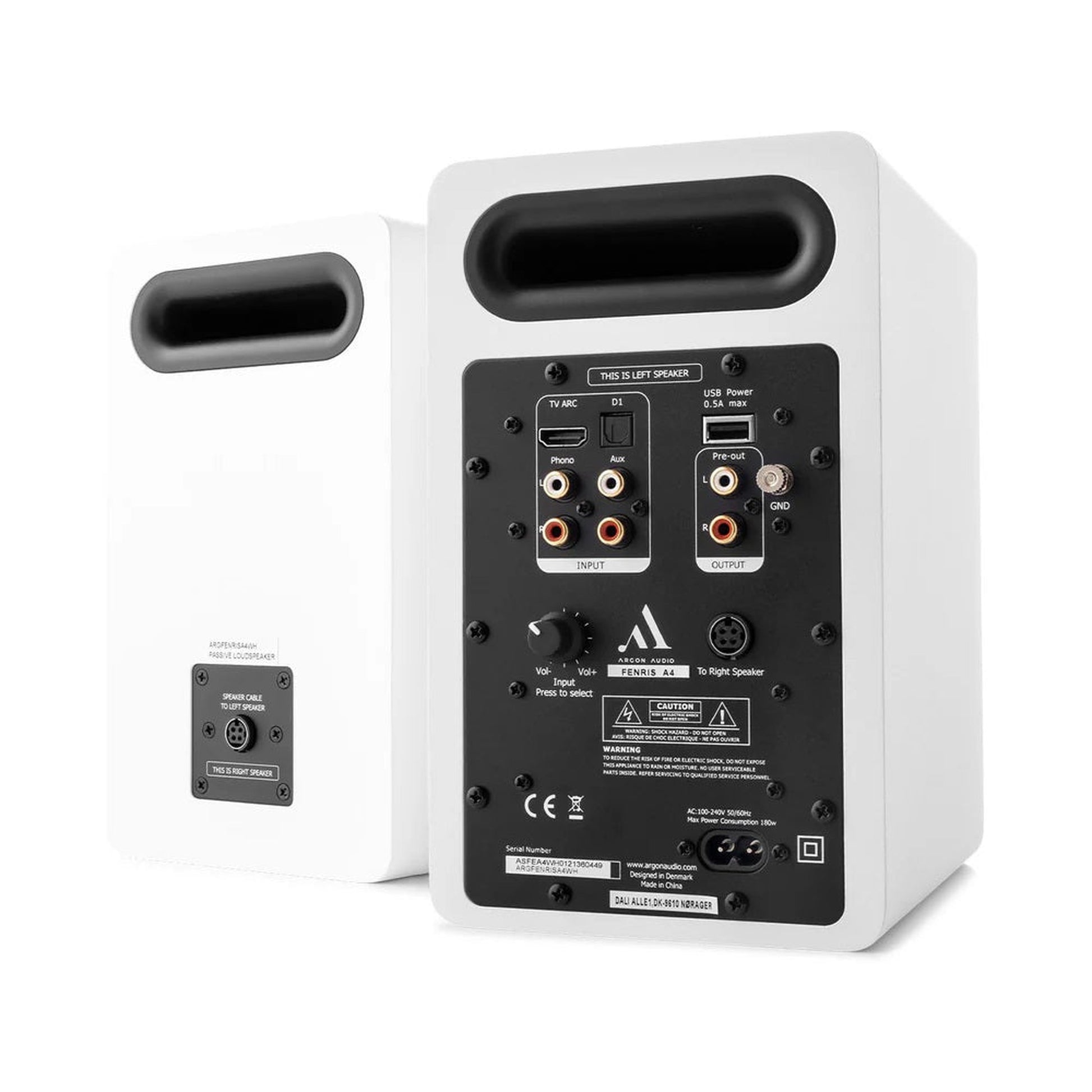 Argon Audio Fenris A4 Aktivlautsprecher weiss Rückansicht mit Anschlussfeld HDMI ARC und Phono