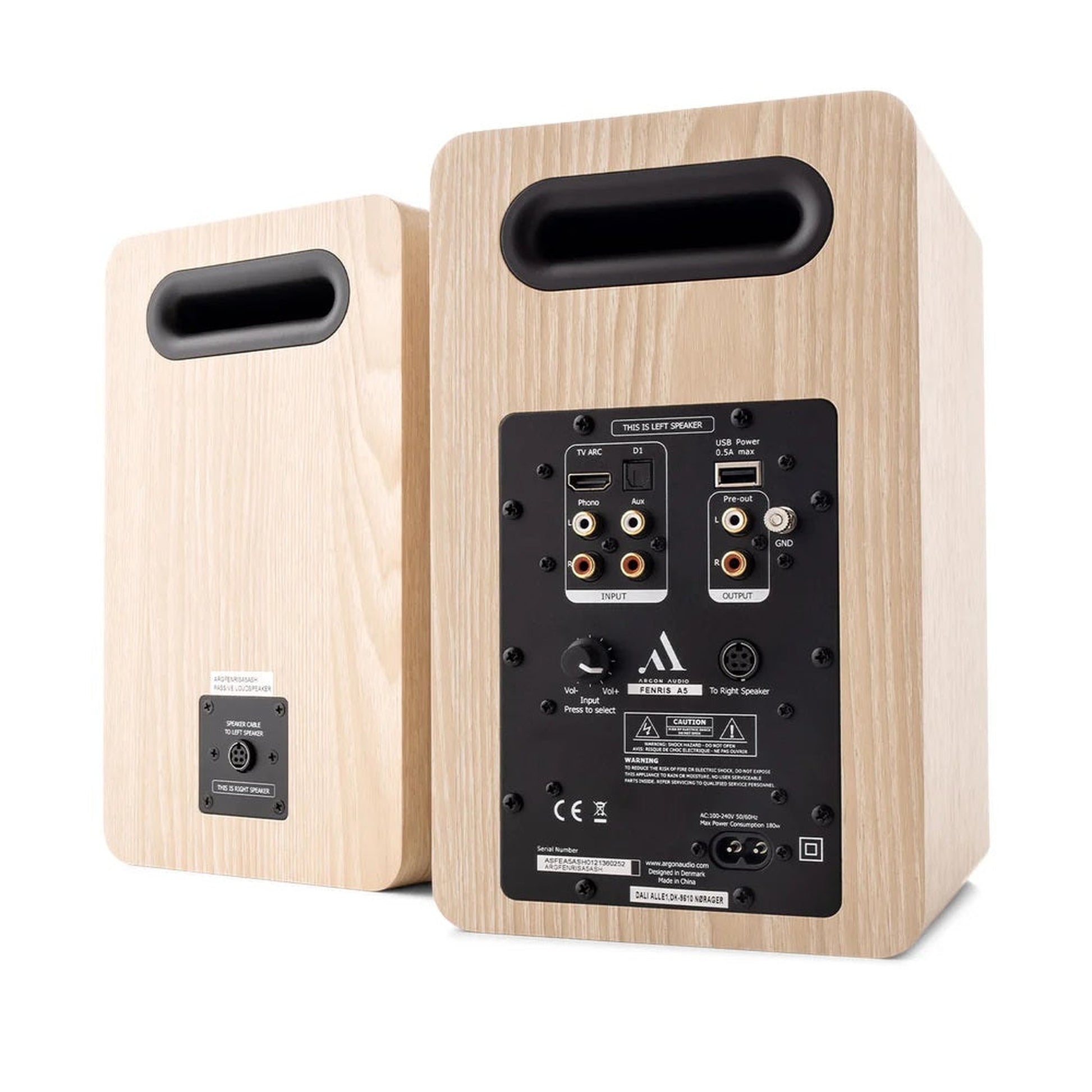 Argon Audio Fenris A5 Aktivlautsprecher Esche Rückansicht mit Anschlussfeld HDMI ARC und Phono