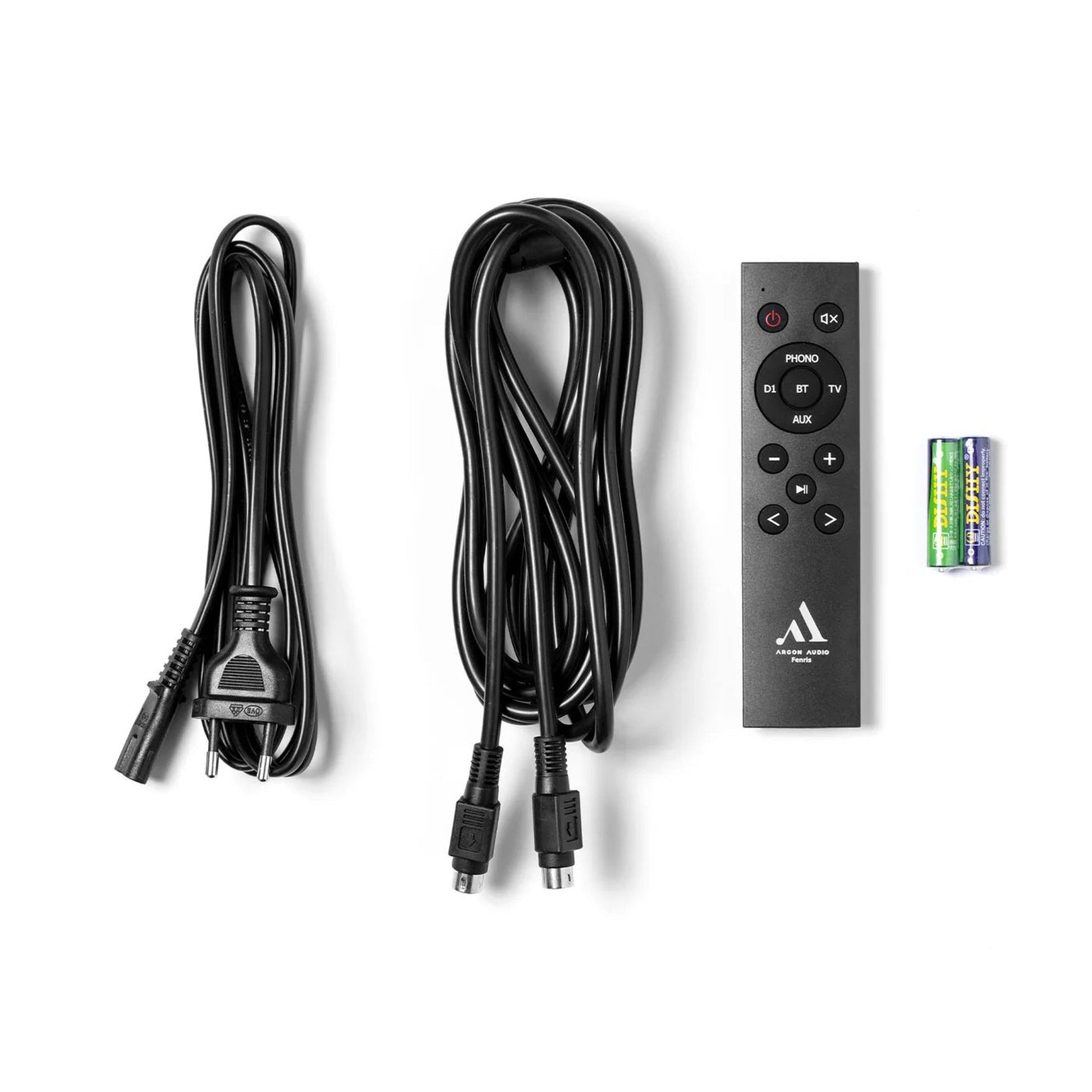 Argon Audio Fenris A5 Aktivlautsprecher schwarz Lieferumfang mit Netzkabel, Verbindungskabel, Fernbedienung und Batterien