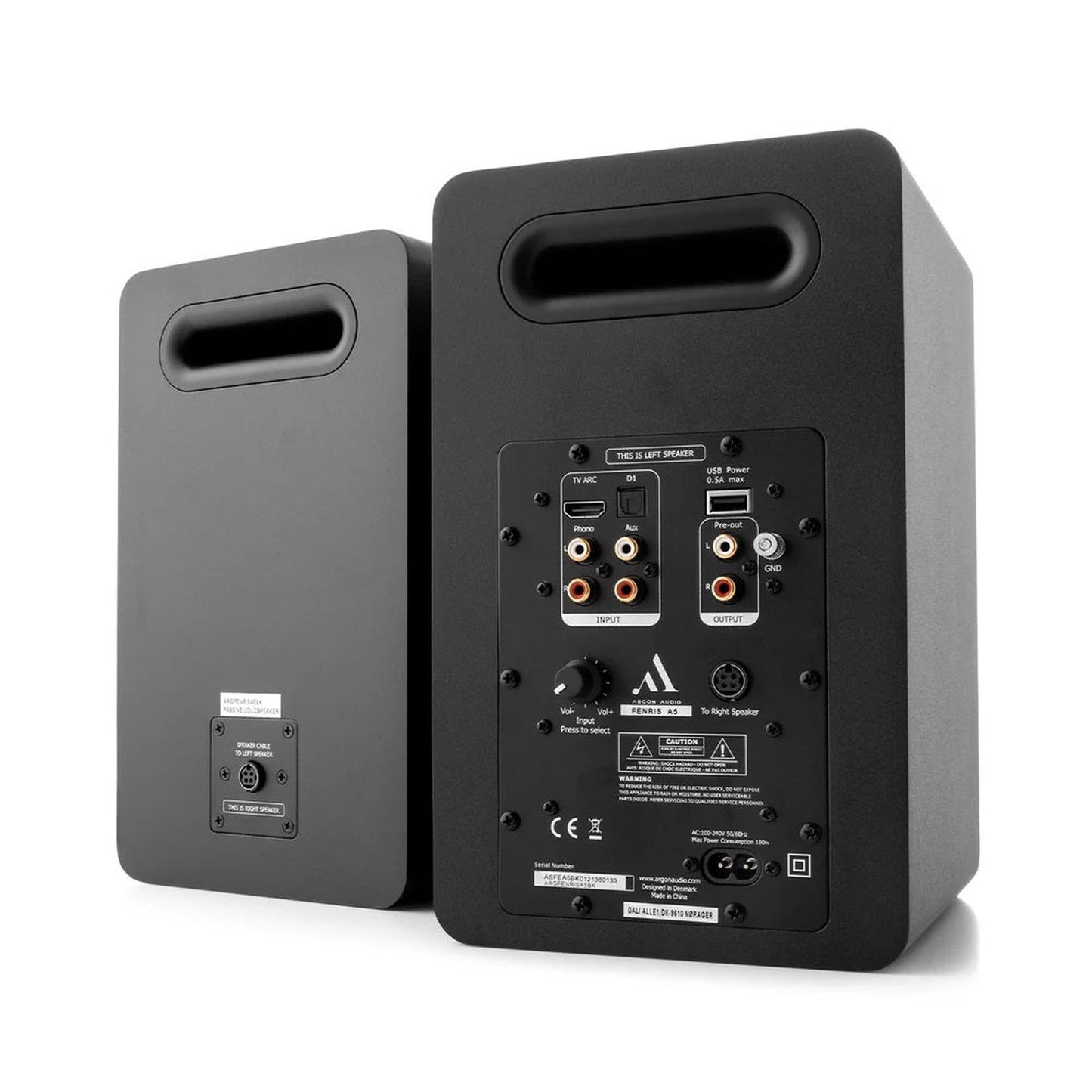 Argon Audio Fenris A5 Aktivlautsprecher schwarz Rückansicht mit Anschlussfeld HDMI ARC und Phono