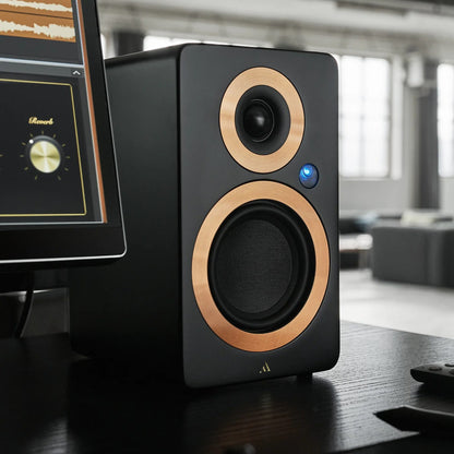 Argon Audio Forte A5 WiFi Regallautsprecher schwarz Lifestyle auf Schreibtisch im Loft