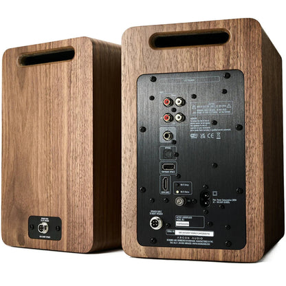 Argon Audio Forte A5 WiFi Regallautsprecher Walnuss Rückansicht mit Anschlussfeld und Bassreflexöffnung