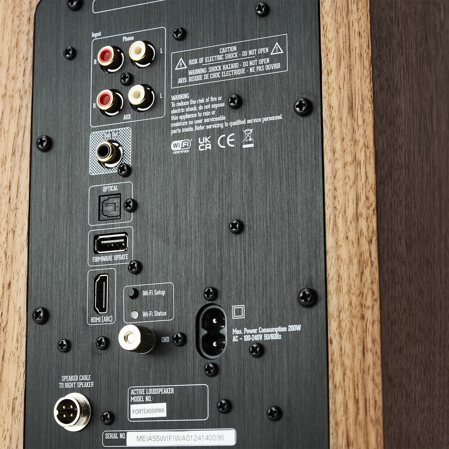 Argon Audio Forte A55 WiFi Standlautsprecher Walnuss Anschlussfeld mit HDMI ARC Optical Cinch und Sub-Out