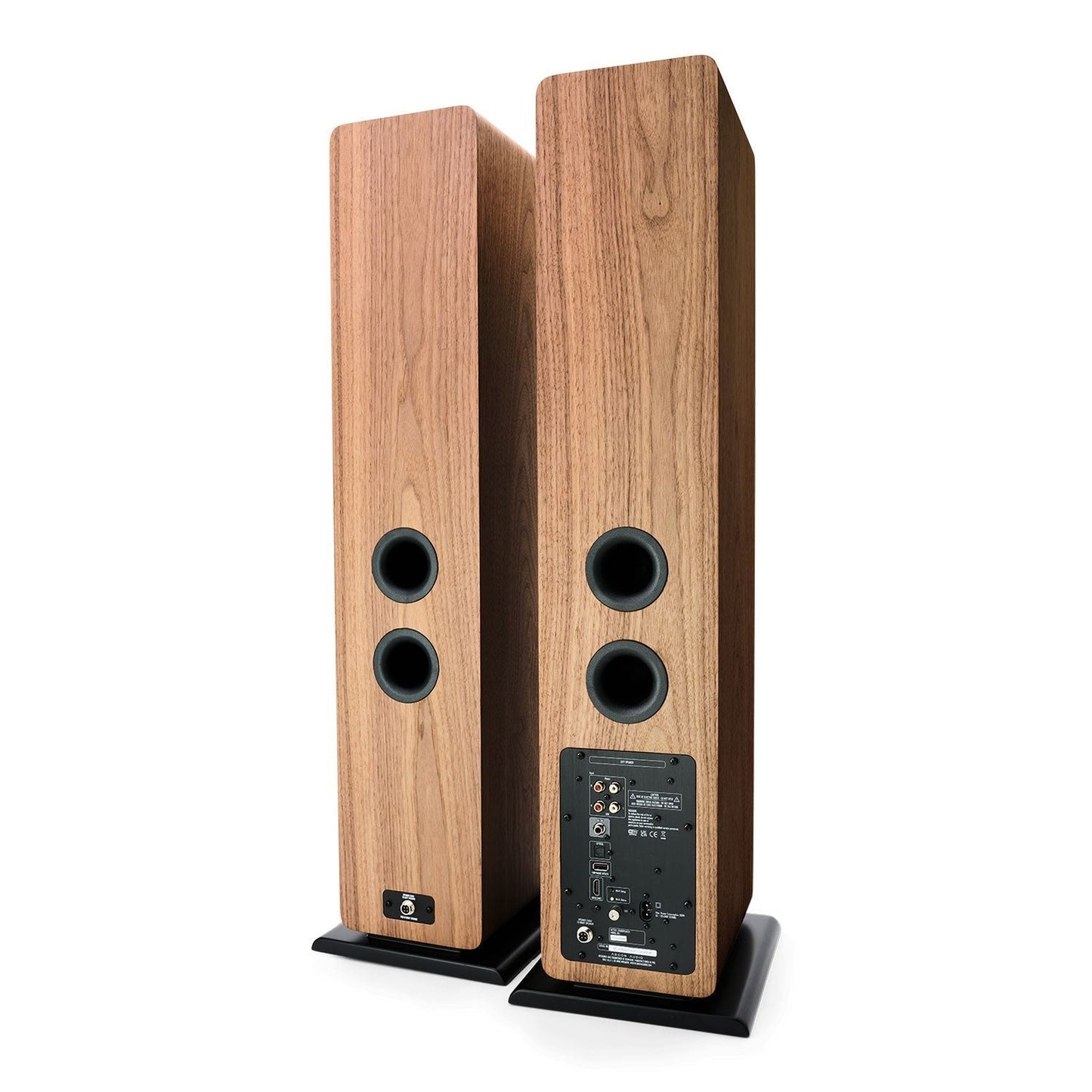Argon Audio Forte A55 WiFi Standlautsprecher Walnuss Rückansicht mit Bassreflexrohren und Anschlussfeld