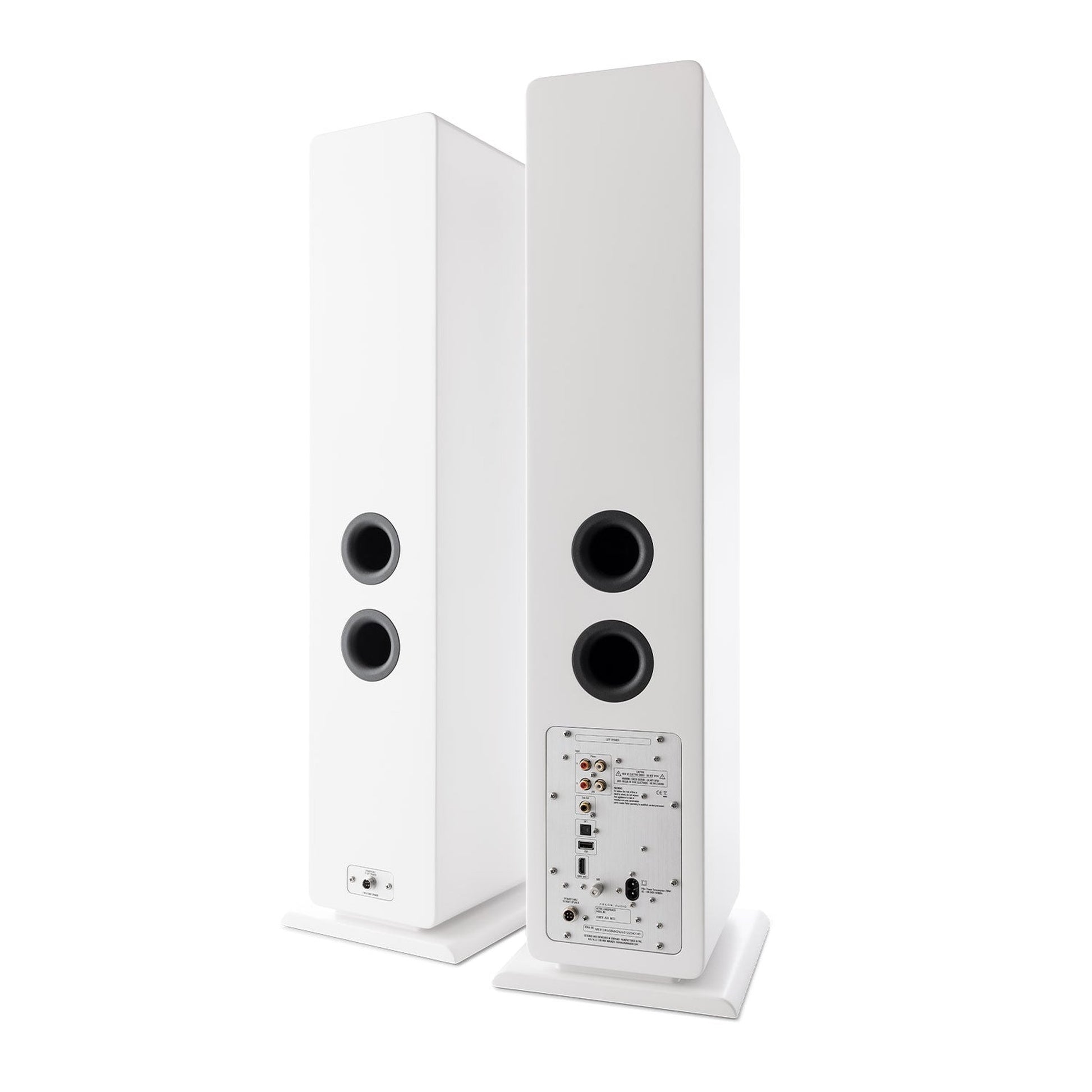 Argon Audio Forte A55 WiFi Standlautsprecher weiss Rückansicht mit Bassreflexrohren und Anschlussfeld