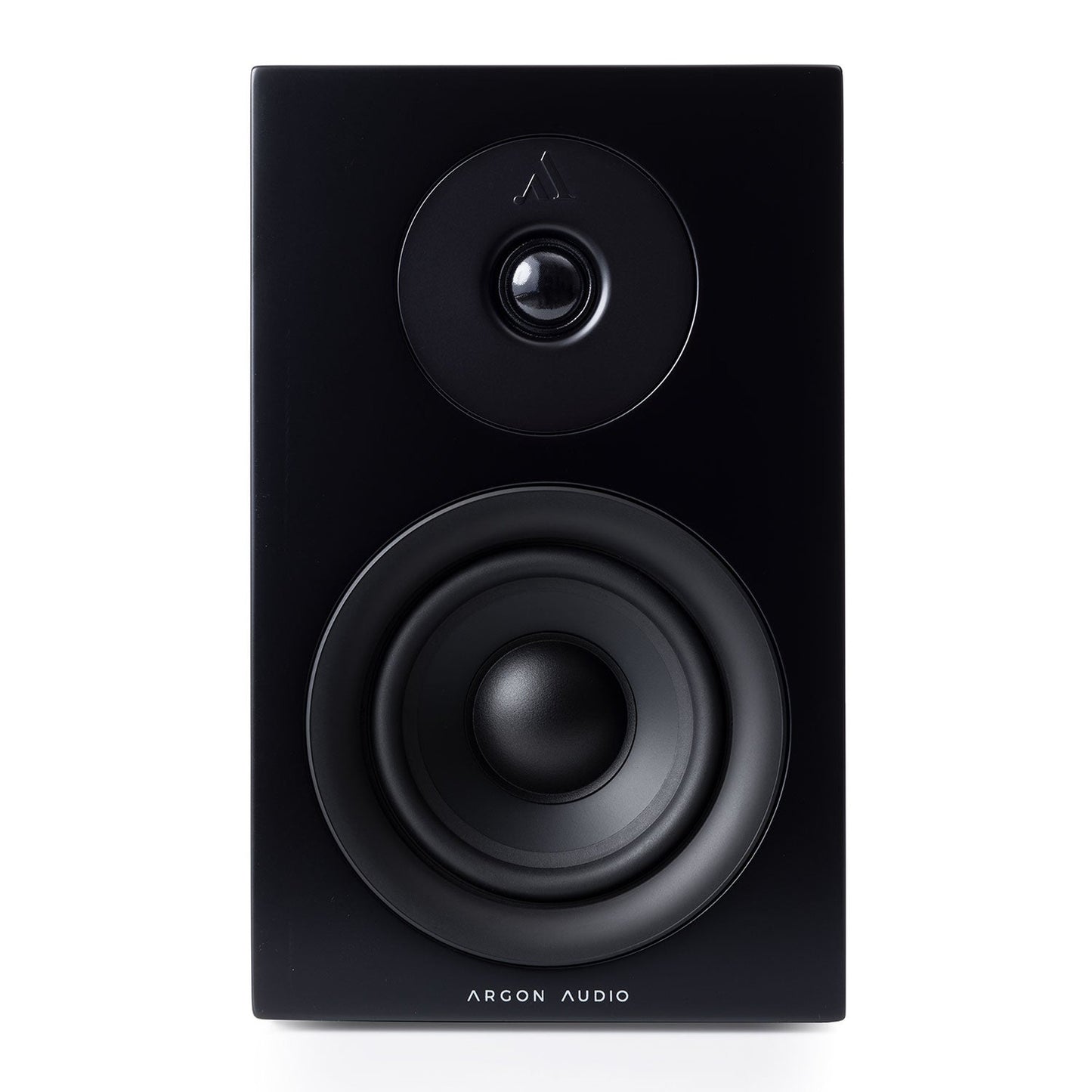 Argon Audio Forus 4 Regallautsprecher schwarz Frontansicht ohne Frontabdeckung mit Hochtöner und Tieftöner