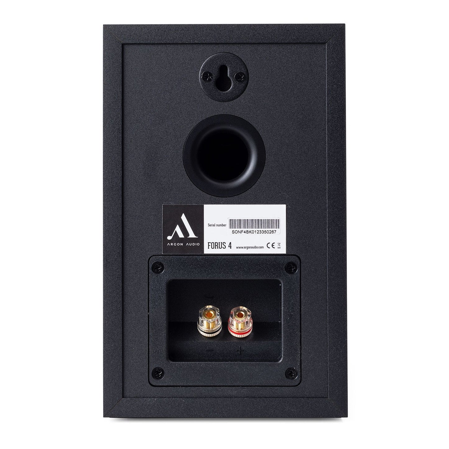 Argon Audio Forus 4 Regallautsprecher schwarz Rückansicht mit Bassreflexöffnung und Schraubklemmen