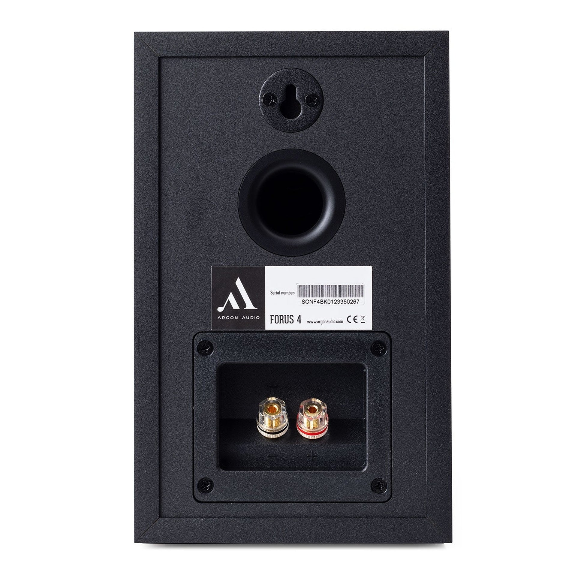 Argon Audio Forus 4 Regallautsprecher schwarz Rückansicht mit Bassreflexöffnung und Schraubklemmen