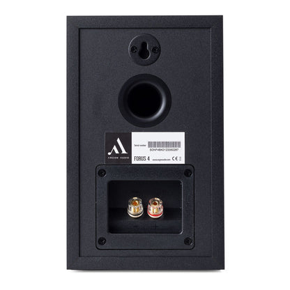 Argon Audio Forus 4 Regallautsprecher schwarz Rückansicht mit Bassreflexöffnung und Schraubklemmen