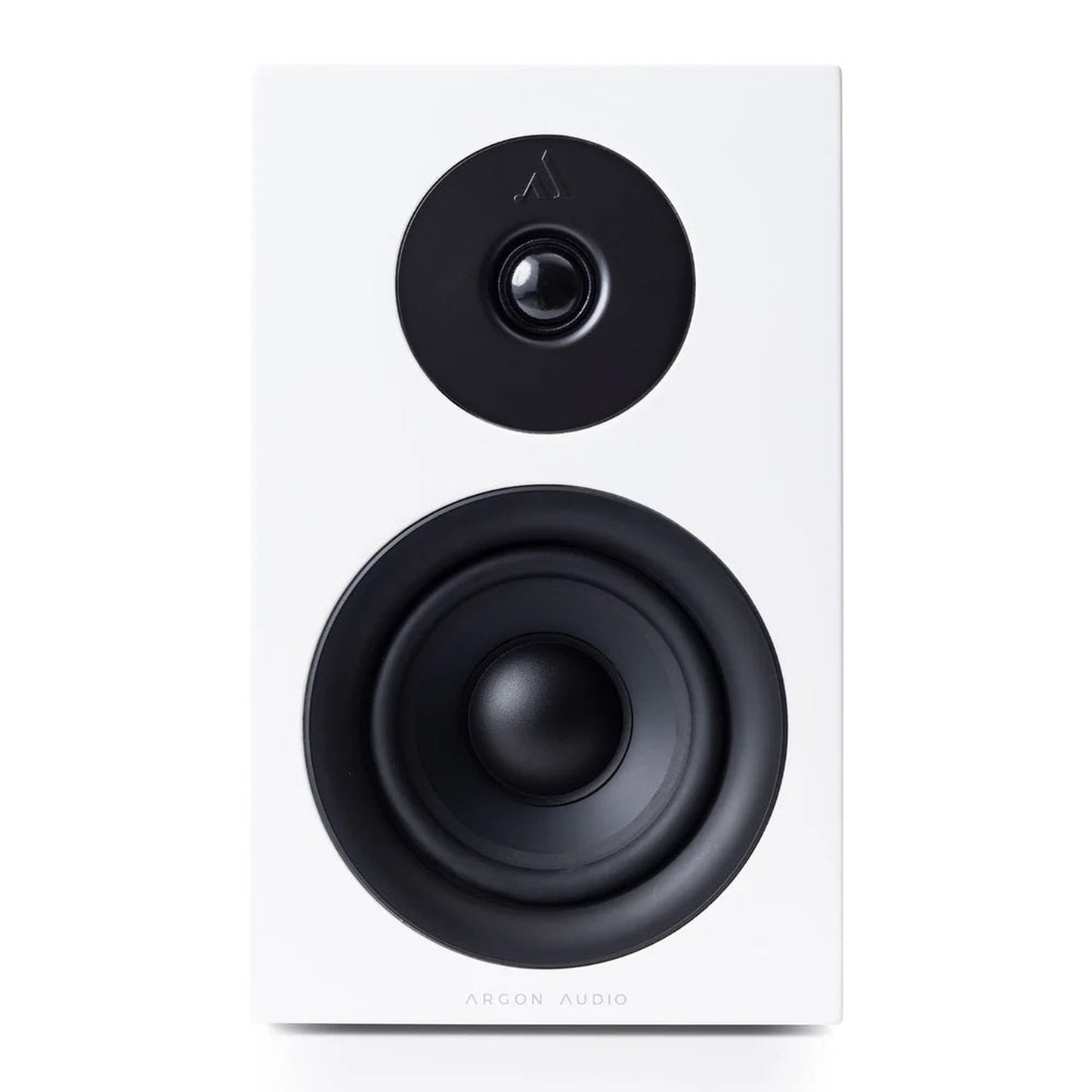 Argon Audio Forus 4 Regallautsprecher weiss Frontansicht ohne Frontabdeckung mit Hochtöner und Tieftöner