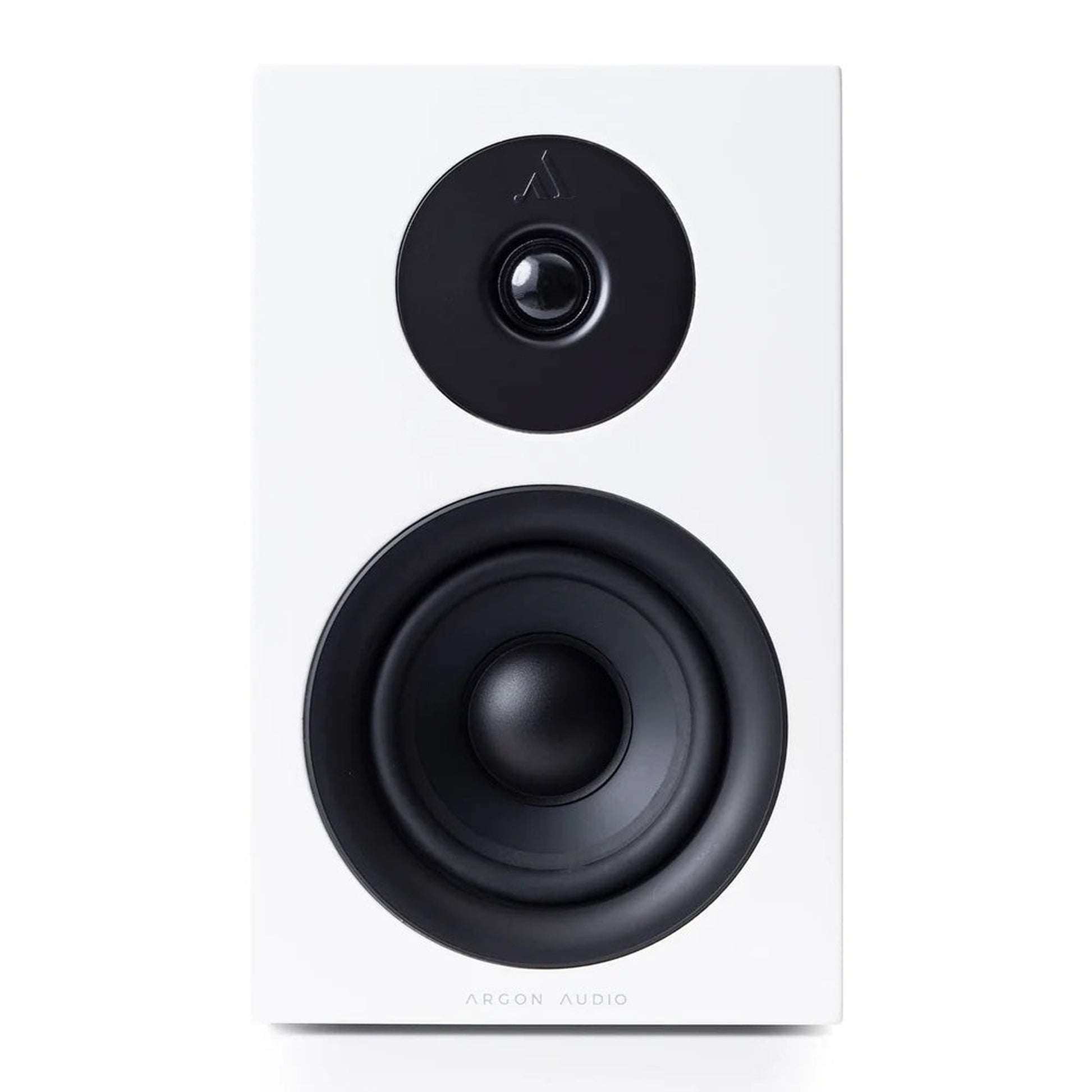 Argon Audio Forus 4 Regallautsprecher weiss Frontansicht ohne Frontabdeckung mit Hochtöner und Tieftöner