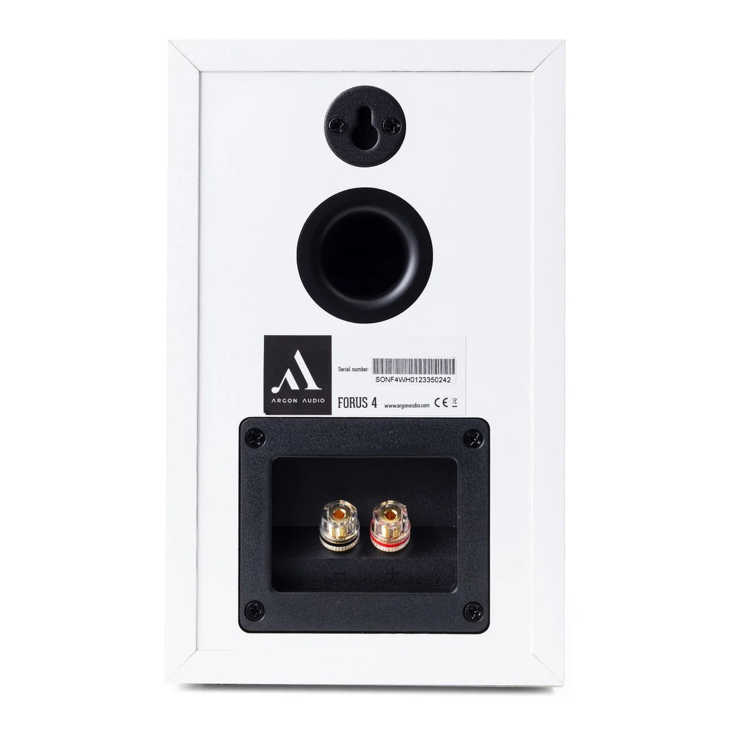 Argon Audio Forus 4 Regallautsprecher weiss Rückansicht mit Bassreflexöffnung und Schraubklemmen