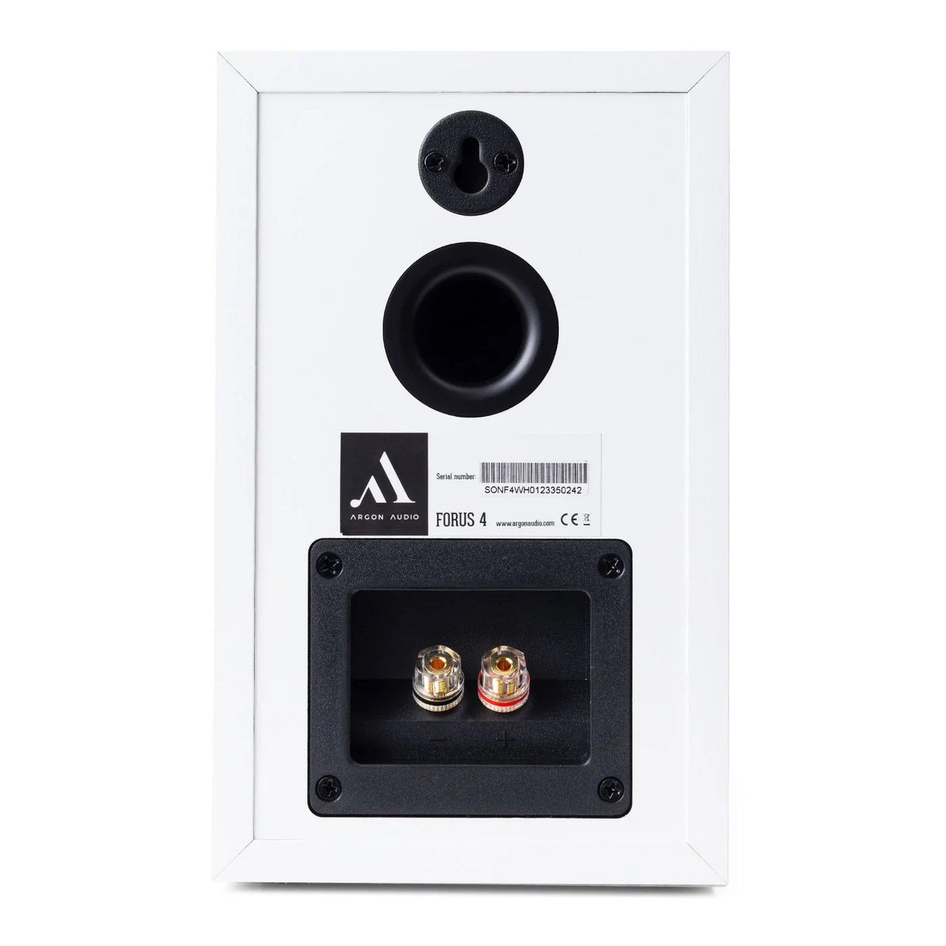 Argon Audio Forus 4 Regallautsprecher weiss Rückansicht mit Bassreflexöffnung und Schraubklemmen