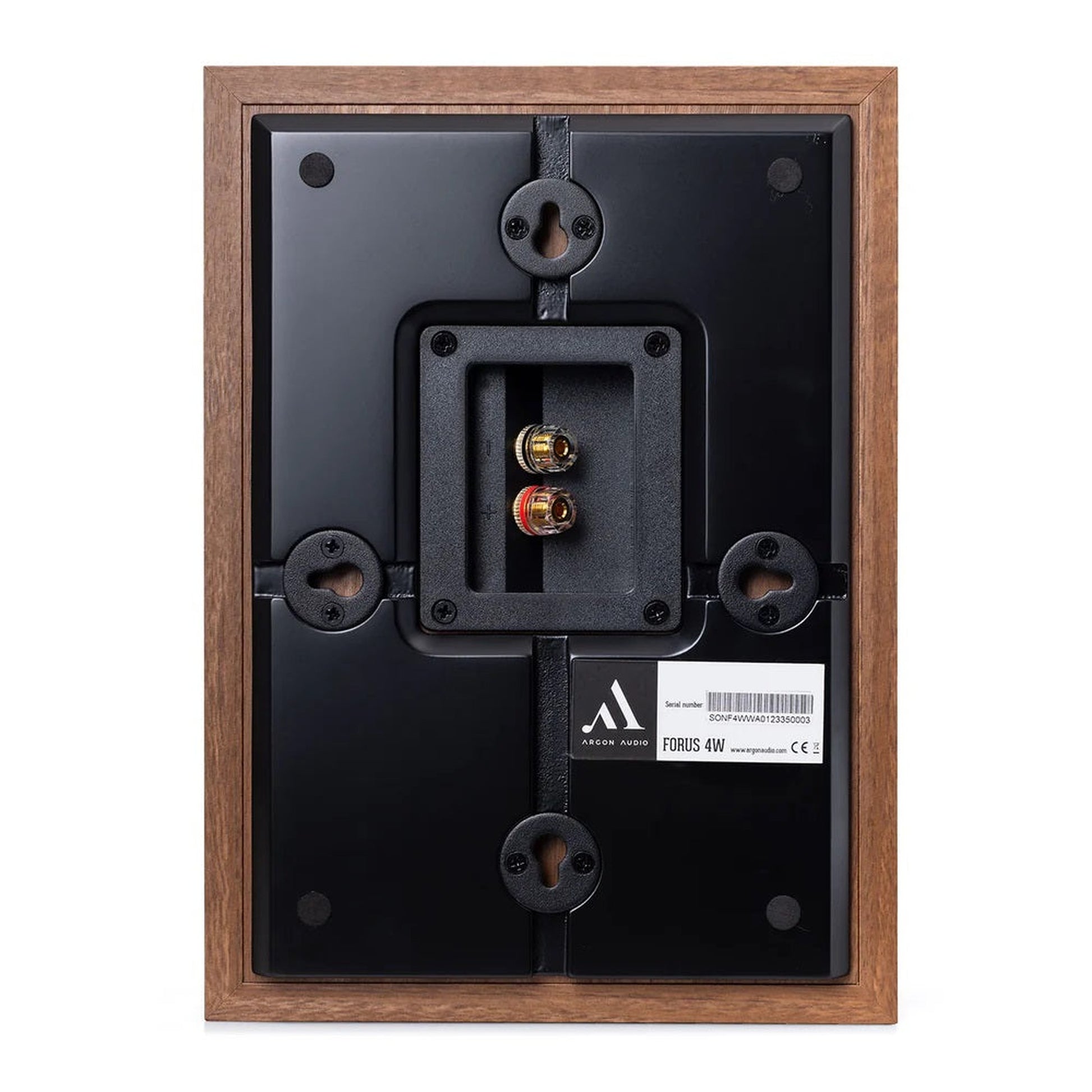 Argon Audio Forus 4 Wall Wandlautsprecher Walnuss Rückansicht mit Wandhalterung und Schraubklemmen