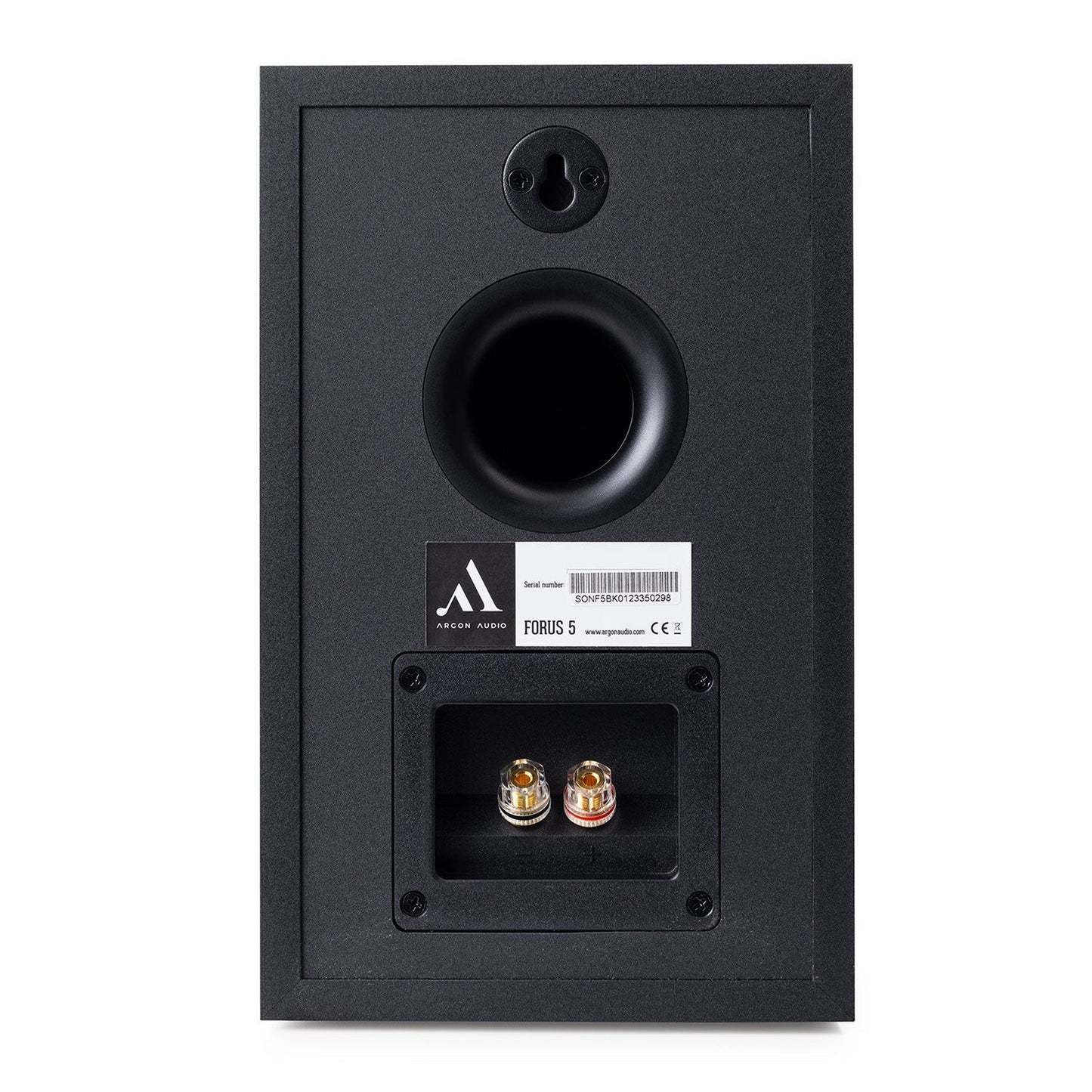 Argon Audio Forus 5 Regallautsprecher schwarz Rückansicht mit Bassreflexöffnung und Schraubklemmen