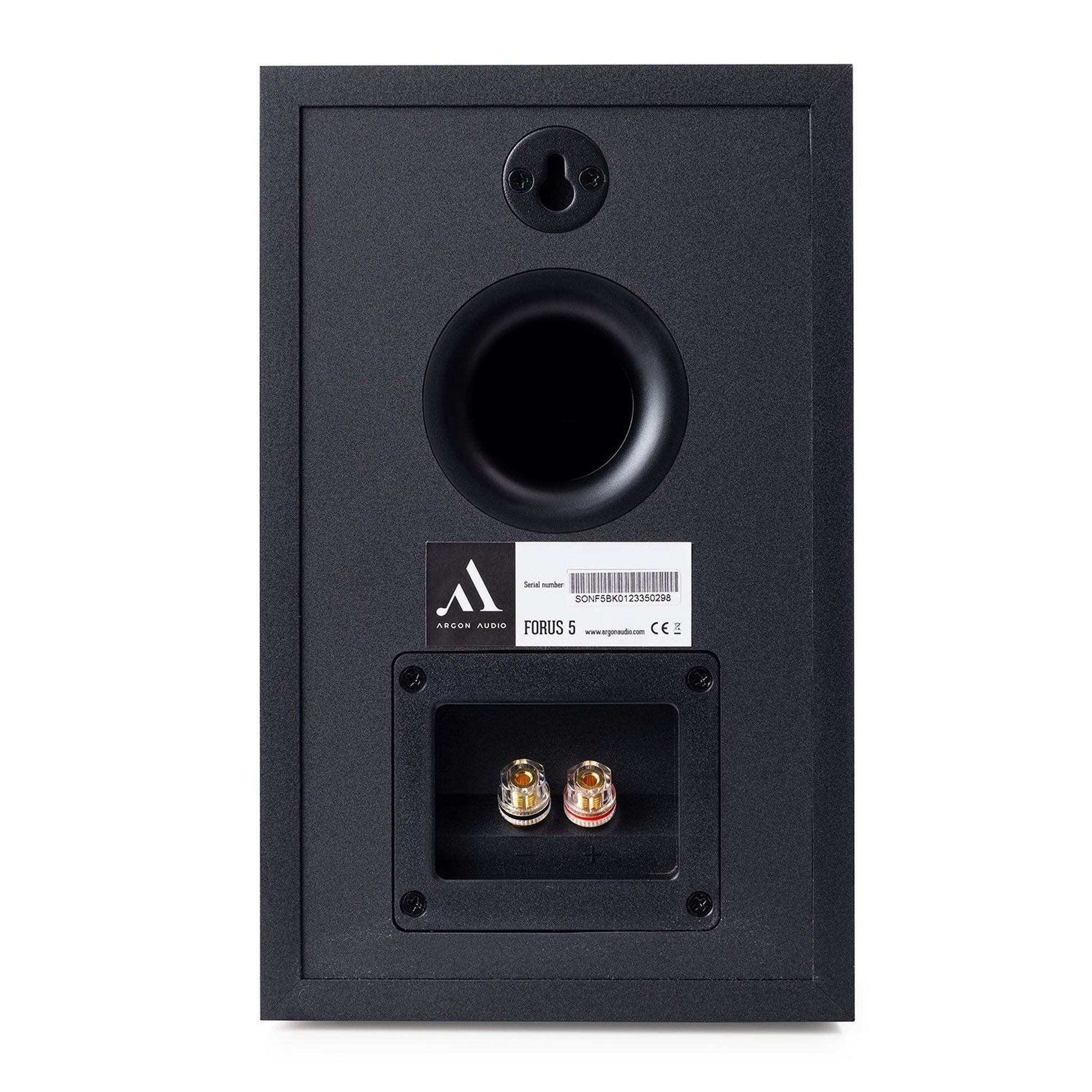 Argon Audio Forus 5 Regallautsprecher schwarz Rückansicht mit Bassreflexöffnung und Schraubklemmen