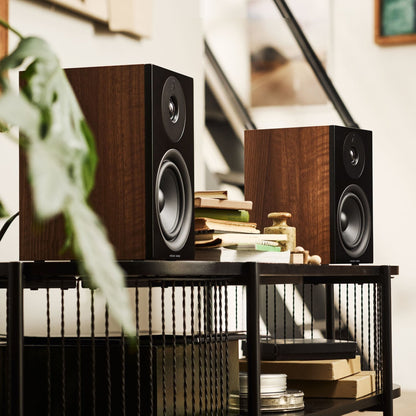 Argon Audio Forus 5 Regallautsprecher Walnuss Lifestyle als Stereopaar auf dem Sideboard