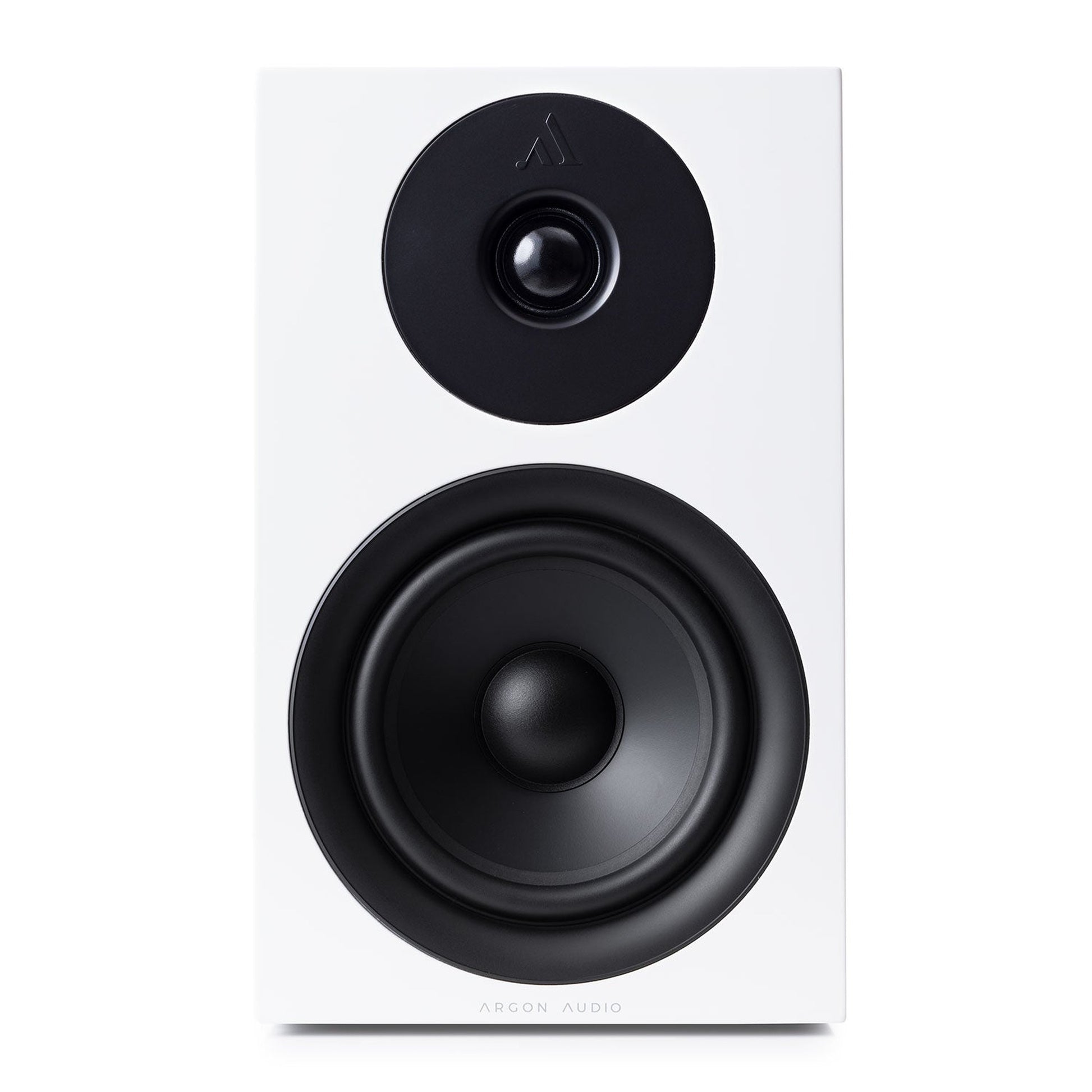 Argon Audio Forus 5 Regallautsprecher weiss Frontansicht ohne Frontabdeckung mit Hochtöner und Tieftöner