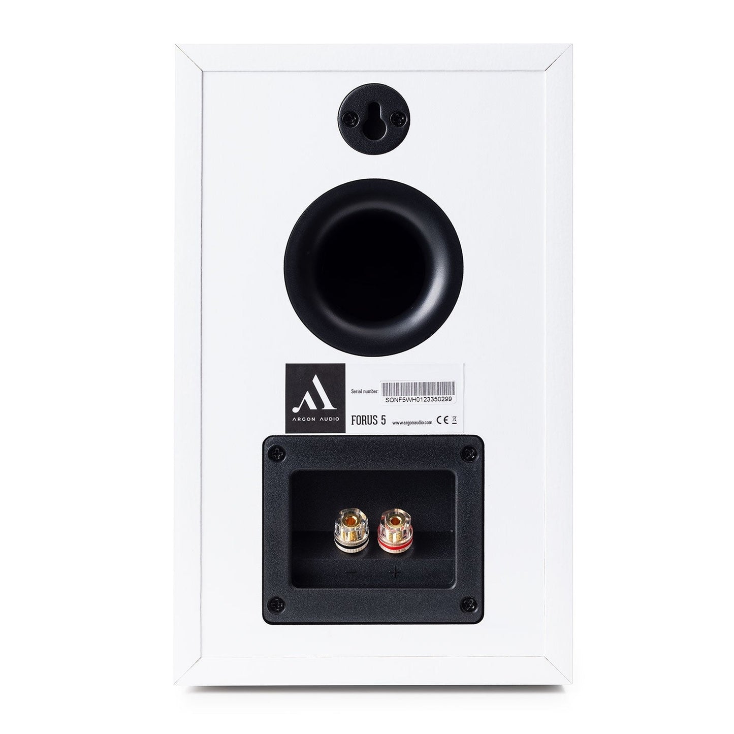 Argon Audio Forus 5 Regallautsprecher weiss Rückansicht mit Bassreflexöffnung und Schraubklemmen