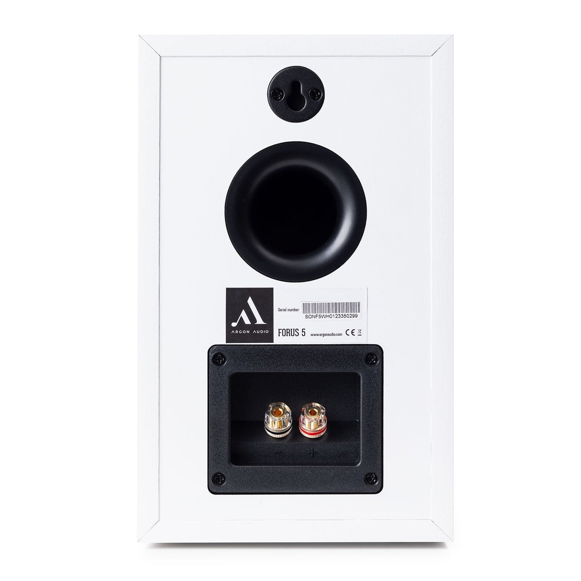 Argon Audio Forus 5 Regallautsprecher weiss Rückansicht mit Bassreflexöffnung und Schraubklemmen