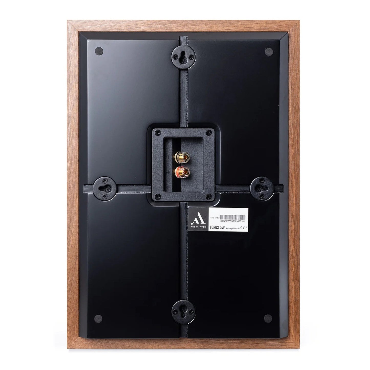 Argon Audio Forus 5 Wall Wandlautsprecher Walnuss Rückansicht mit Wandhalterung und Schraubklemmen