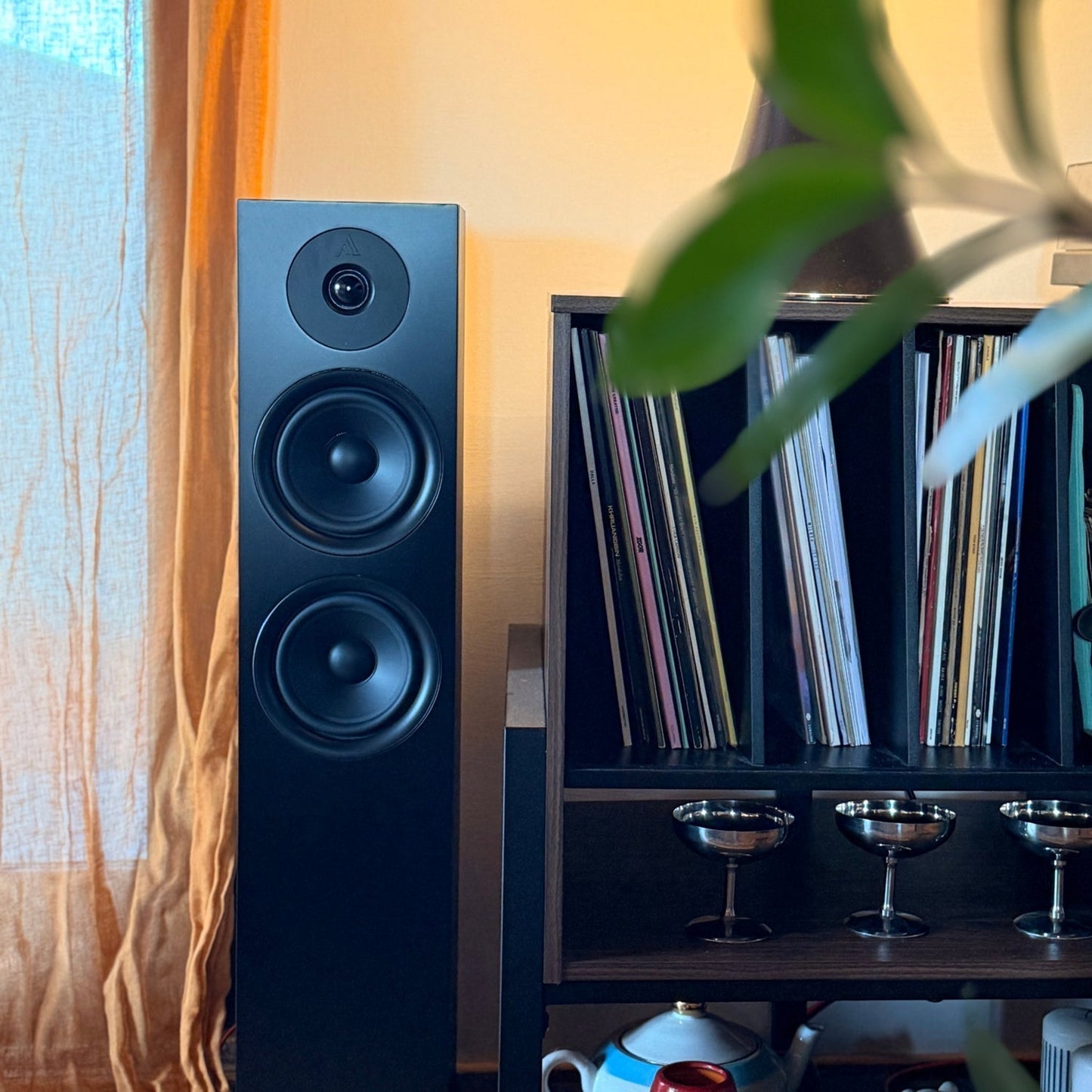 Argon Audio Forus 55 Standlautsprecher schwarz Lifestyle im Wohnzimmer neben Plattensammlung