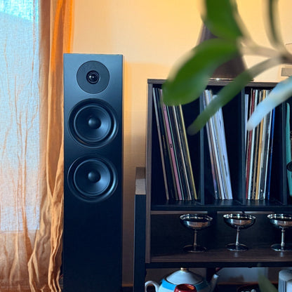 Argon Audio Forus 55 Standlautsprecher schwarz Lifestyle im Wohnzimmer neben Plattensammlung