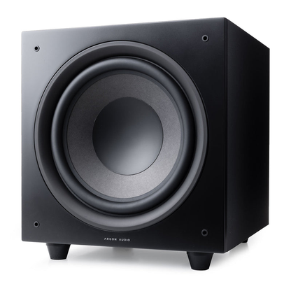Argon Audio Malmö Sub 10 Aktiv-Subwoofer schwarz Frontansicht mit sichtbarem Tieftöner