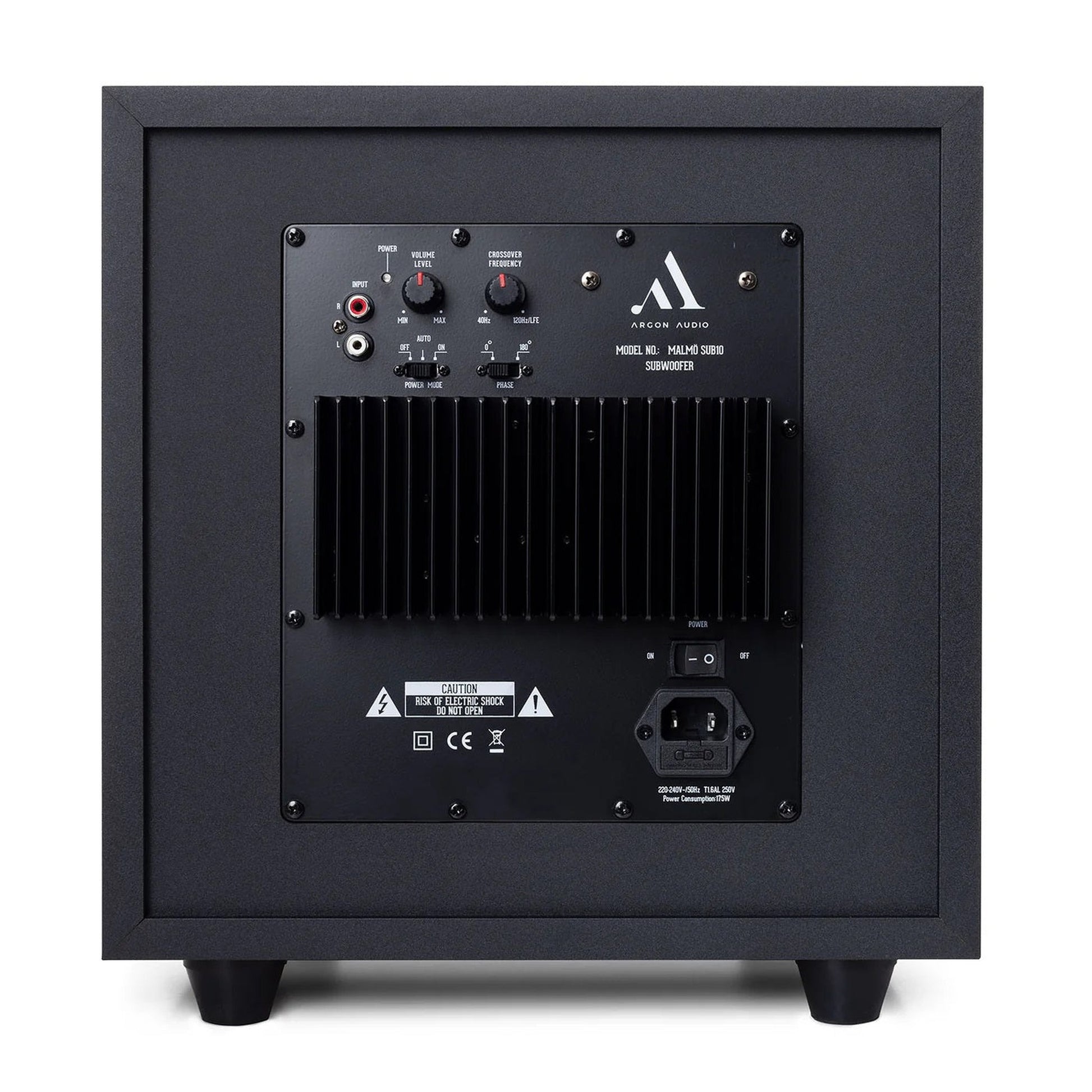 Argon Audio Malmö Sub 10 Aktiv-Subwoofer schwarz Rückansicht mit Verstärkerteil Pegel- und Trennfrequenzregler