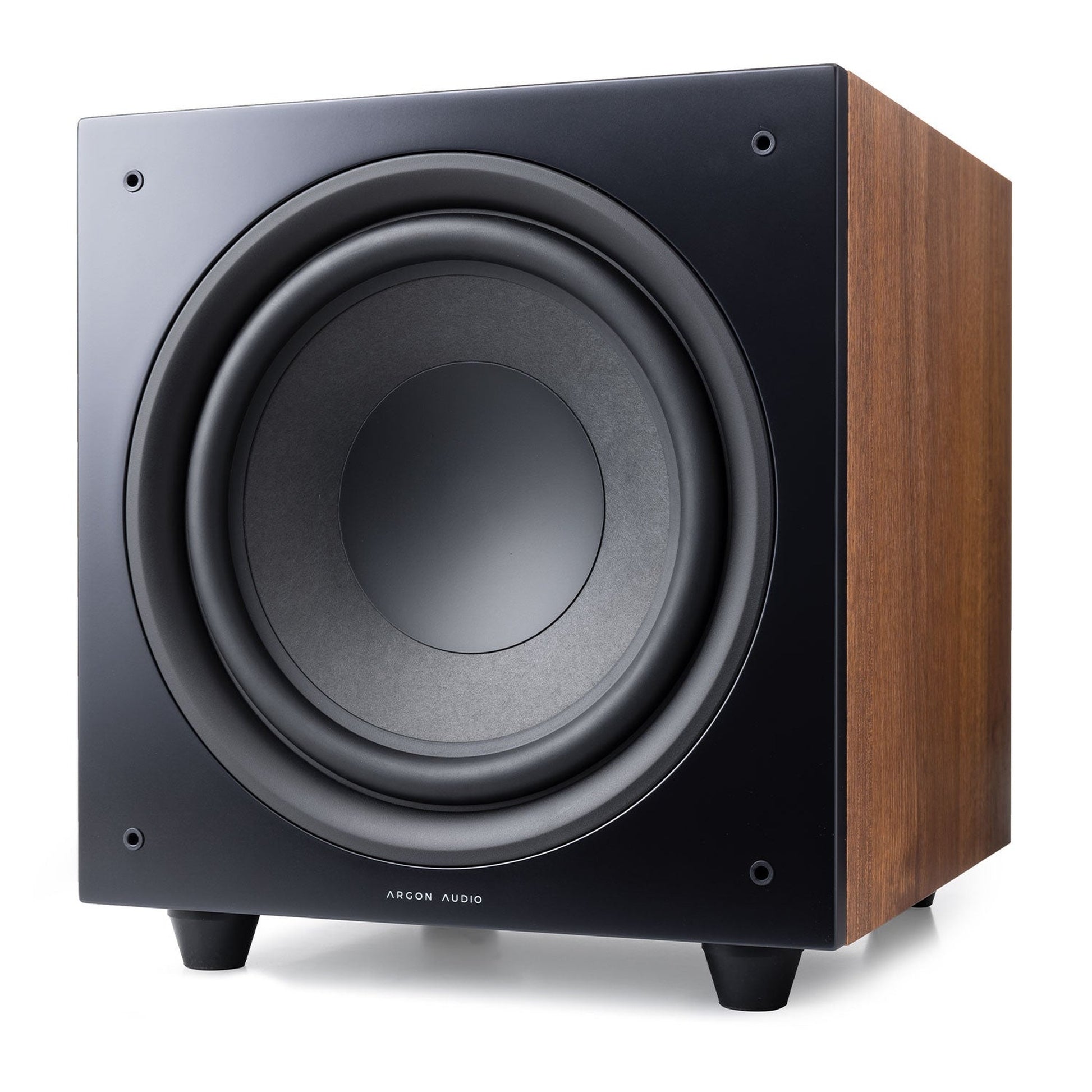 Argon Audio Malmö Sub 10 Aktiv-Subwoofer Walnuss Frontansicht mit sichtbarem Tieftöner
