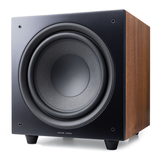 Argon Audio Malmö Sub 10 Aktiv-Subwoofer Walnuss Frontansicht mit sichtbarem Tieftöner