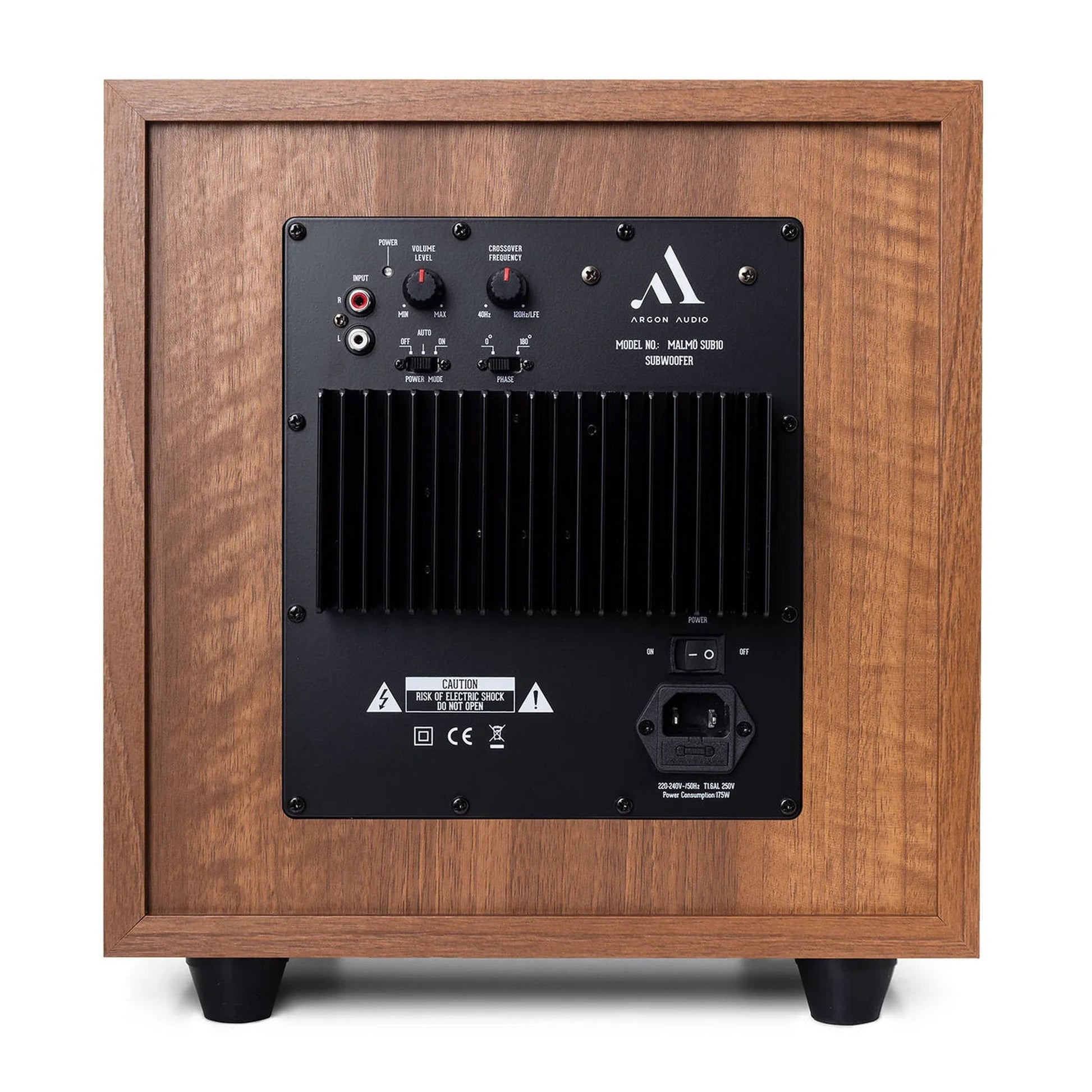 Argon Audio Malmö Sub 10 Aktiv-Subwoofer Walnuss Rückansicht mit Verstärkerteil Pegel- und Trennfrequenzregler
