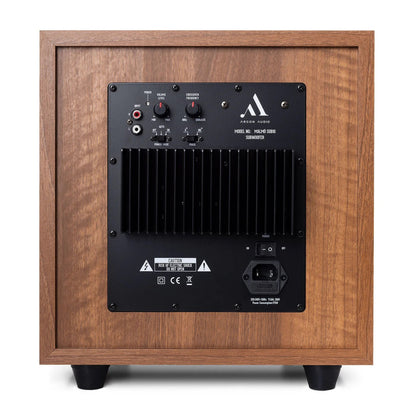 Argon Audio Malmö Sub 10 Aktiv-Subwoofer Walnuss Rückansicht mit Verstärkerteil Pegel- und Trennfrequenzregler