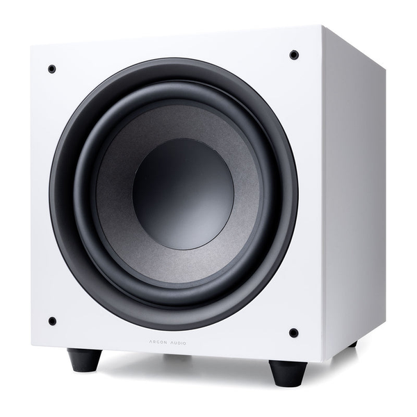 Argon Audio Malmö Sub 10 Aktiv-Subwoofer weiss Frontansicht mit sichtbarem Tieftöner