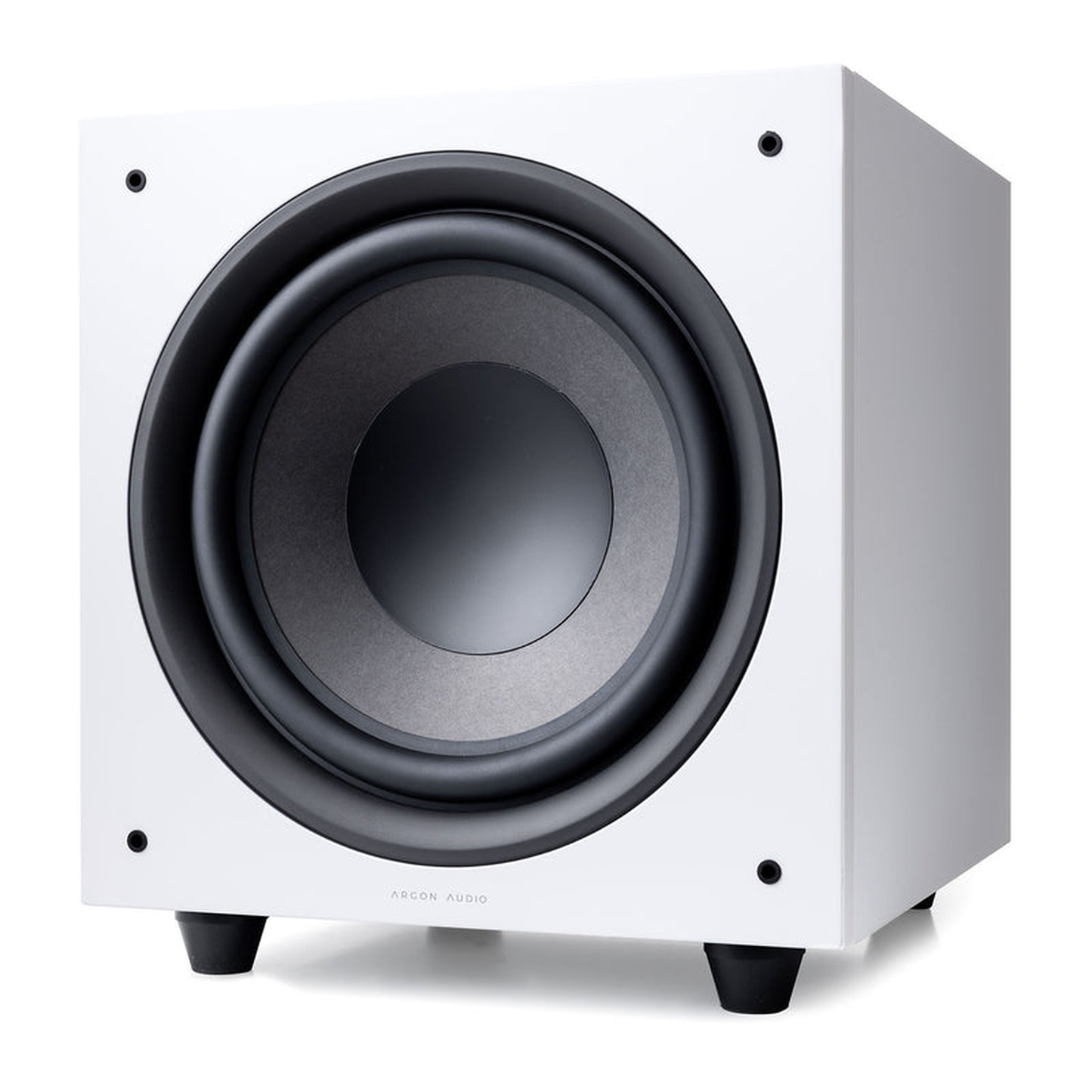Argon Audio Malmö Sub 10 Aktiv-Subwoofer weiss Frontansicht mit sichtbarem Tieftöner