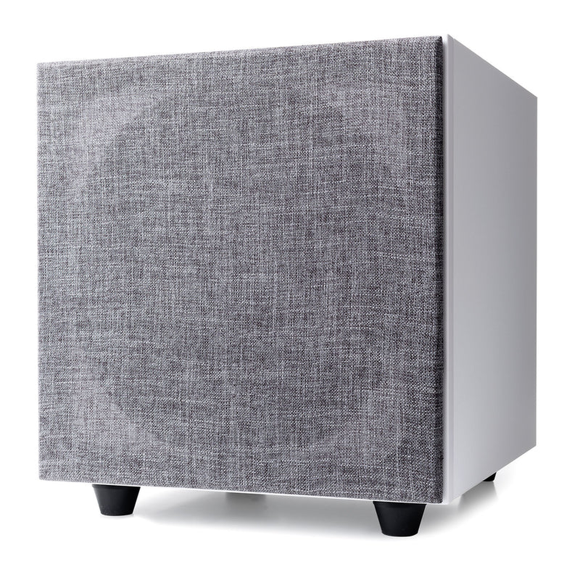 Argon Audio Malmö Sub 10 Aktiv-Subwoofer weiss Schrägansicht mit montierter Frontabdeckung