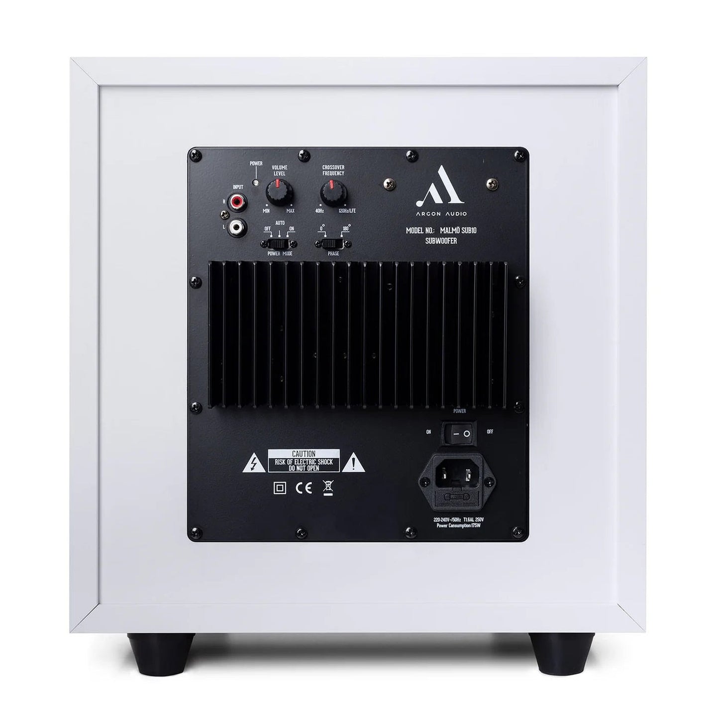 Argon Audio Malmö Sub 10 Aktiv-Subwoofer weiss Rückansicht mit Verstärkerteil Pegel- und Trennfrequenzregler