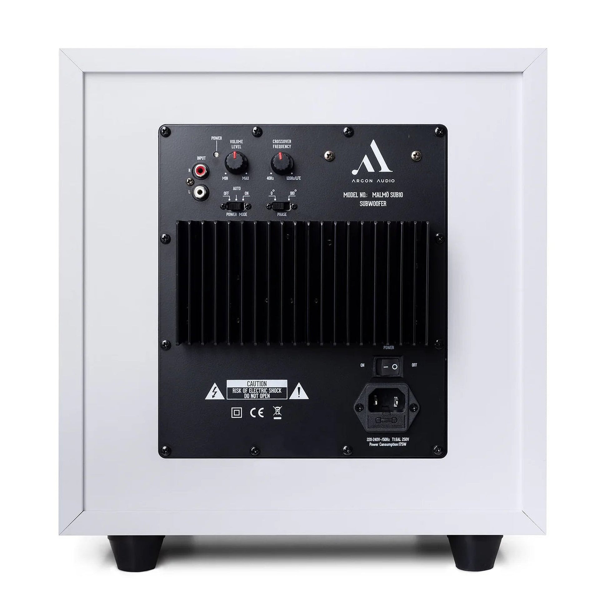 Argon Audio Malmö Sub 10 Aktiv-Subwoofer weiss Rückansicht mit Verstärkerteil Pegel- und Trennfrequenzregler
