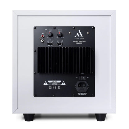 Argon Audio Malmö Sub 10 Aktiv-Subwoofer weiss Rückansicht mit Verstärkerteil Pegel- und Trennfrequenzregler