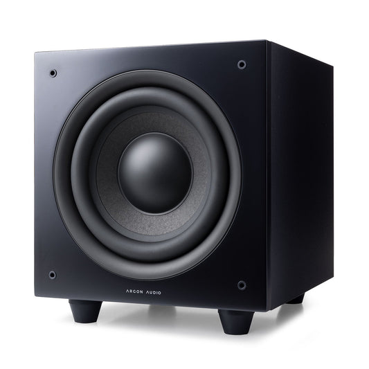 Argon Audio Malmö Sub 8 Aktiv-Subwoofer schwarz Frontansicht mit sichtbarem Tieftöner