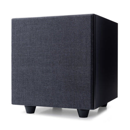 Argon Audio Malmö Sub 8 Aktiv-Subwoofer schwarz Schrägansicht mit montierter Frontabdeckung