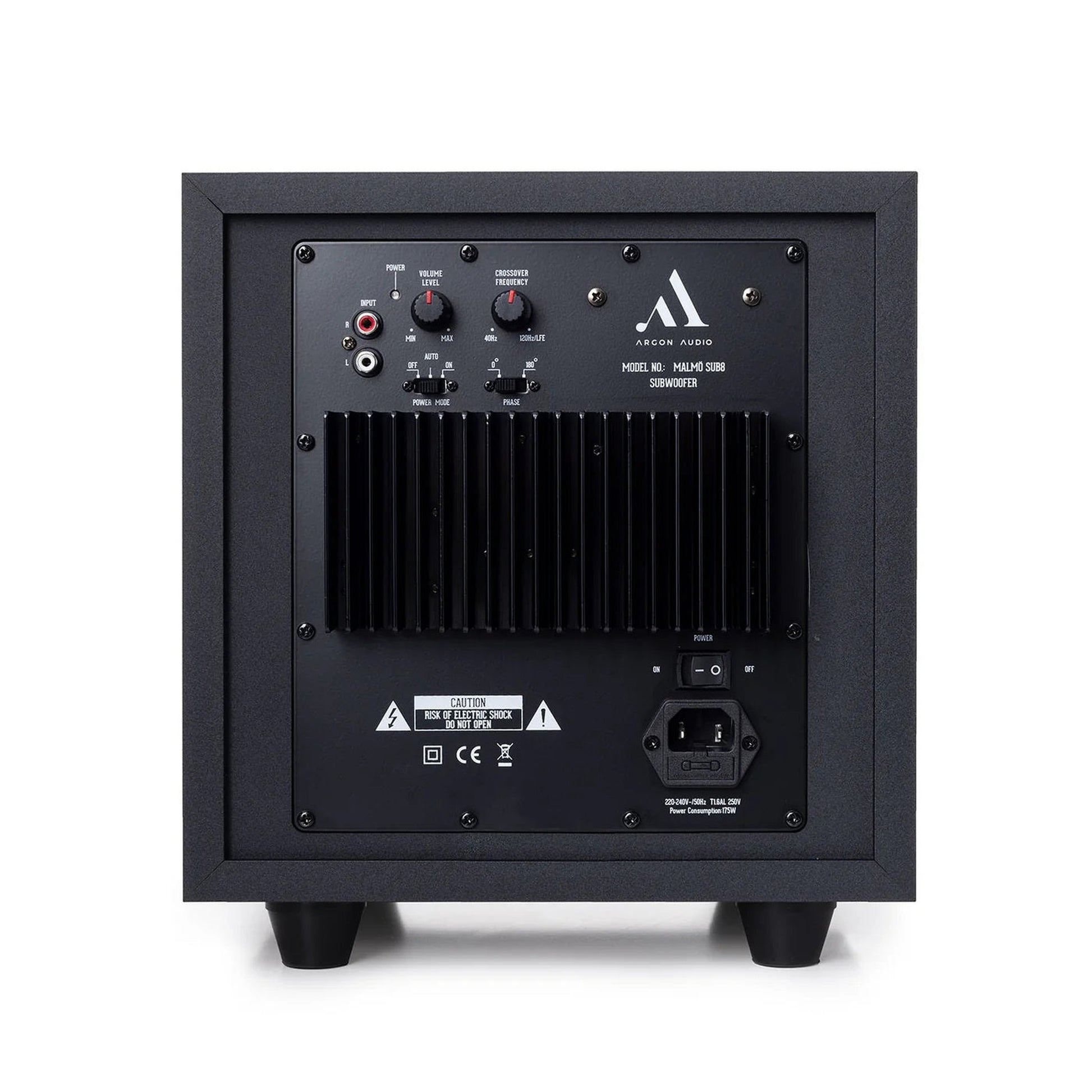 Argon Audio Malmö Sub 8 Aktiv-Subwoofer schwarz Rückansicht mit Verstärkerteil Pegel- und Trennfrequenzregler