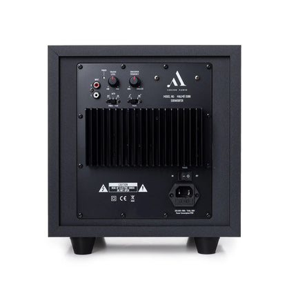 Argon Audio Malmö Sub 8 Aktiv-Subwoofer schwarz Rückansicht mit Verstärkerteil Pegel- und Trennfrequenzregler