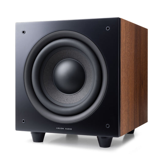Argon Audio Malmö Sub 8 Aktiv-Subwoofer Walnuss Frontansicht mit sichtbarem Tieftöner