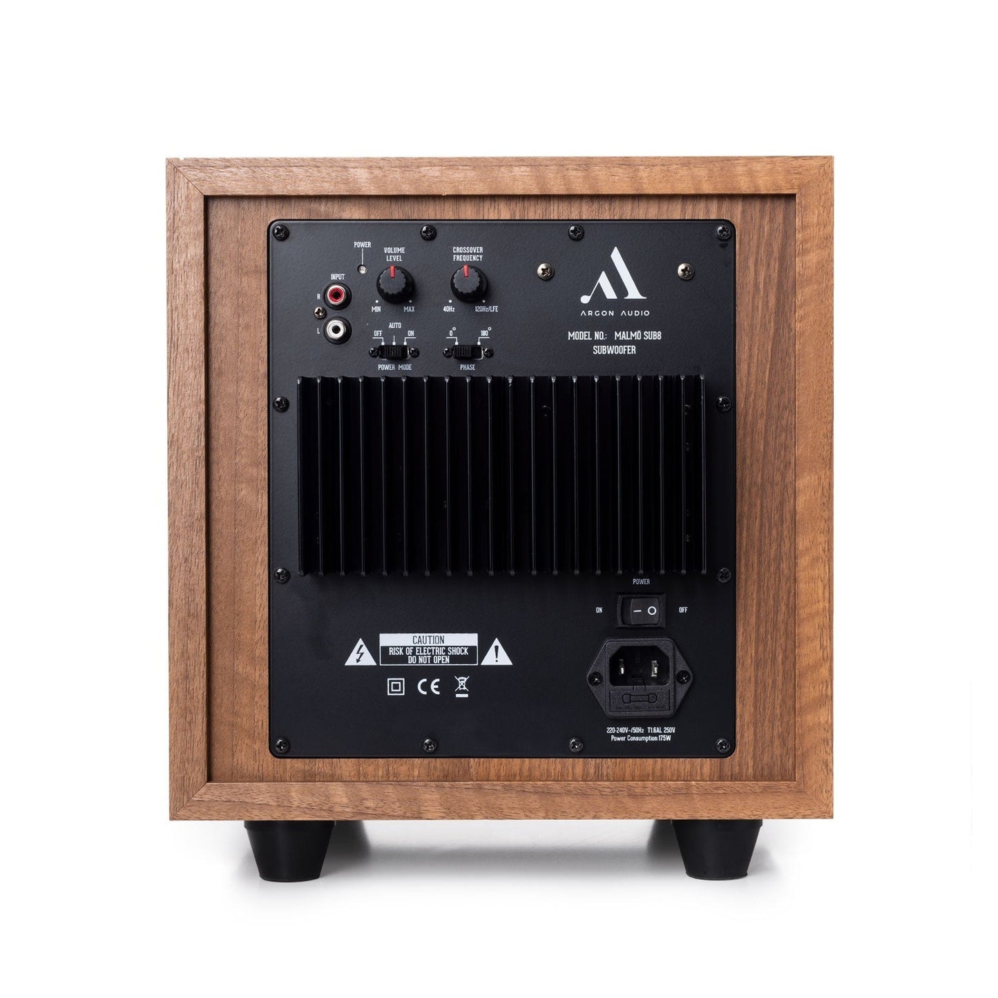 Argon Audio Malmö Sub 8 Aktiv-Subwoofer Walnuss Rückansicht mit Verstärkerteil Pegel- und Trennfrequenzregler