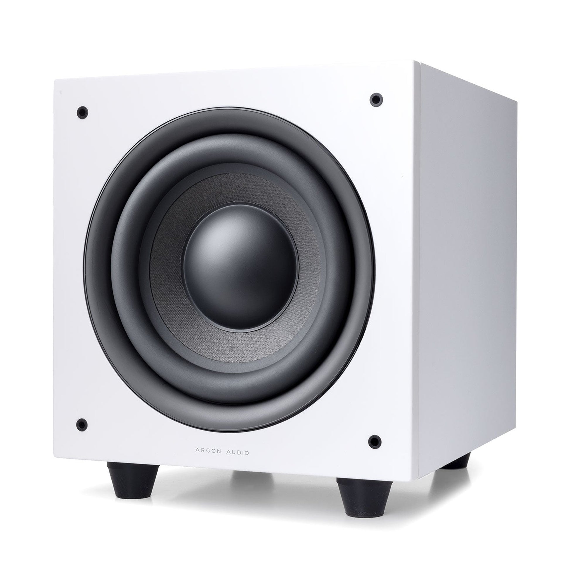 Argon Audio Malmö Sub 8 Aktiv-Subwoofer weiss Frontansicht mit sichtbarem Tieftöner