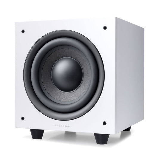 Argon Audio Malmö Sub 8 Aktiv-Subwoofer weiss Frontansicht mit sichtbarem Tieftöner